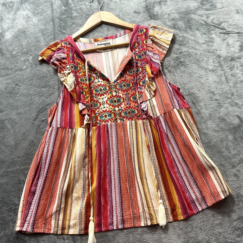 Savanna Jane Embroidered Boho Striped Flutter Sleeve Tunic Top Multicolor Medium